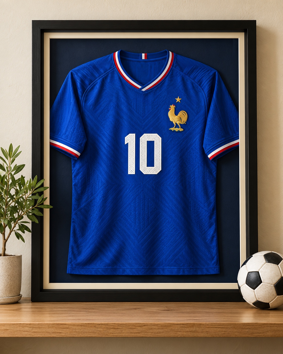 Maillot bleu présenté dans un cadre vitrine