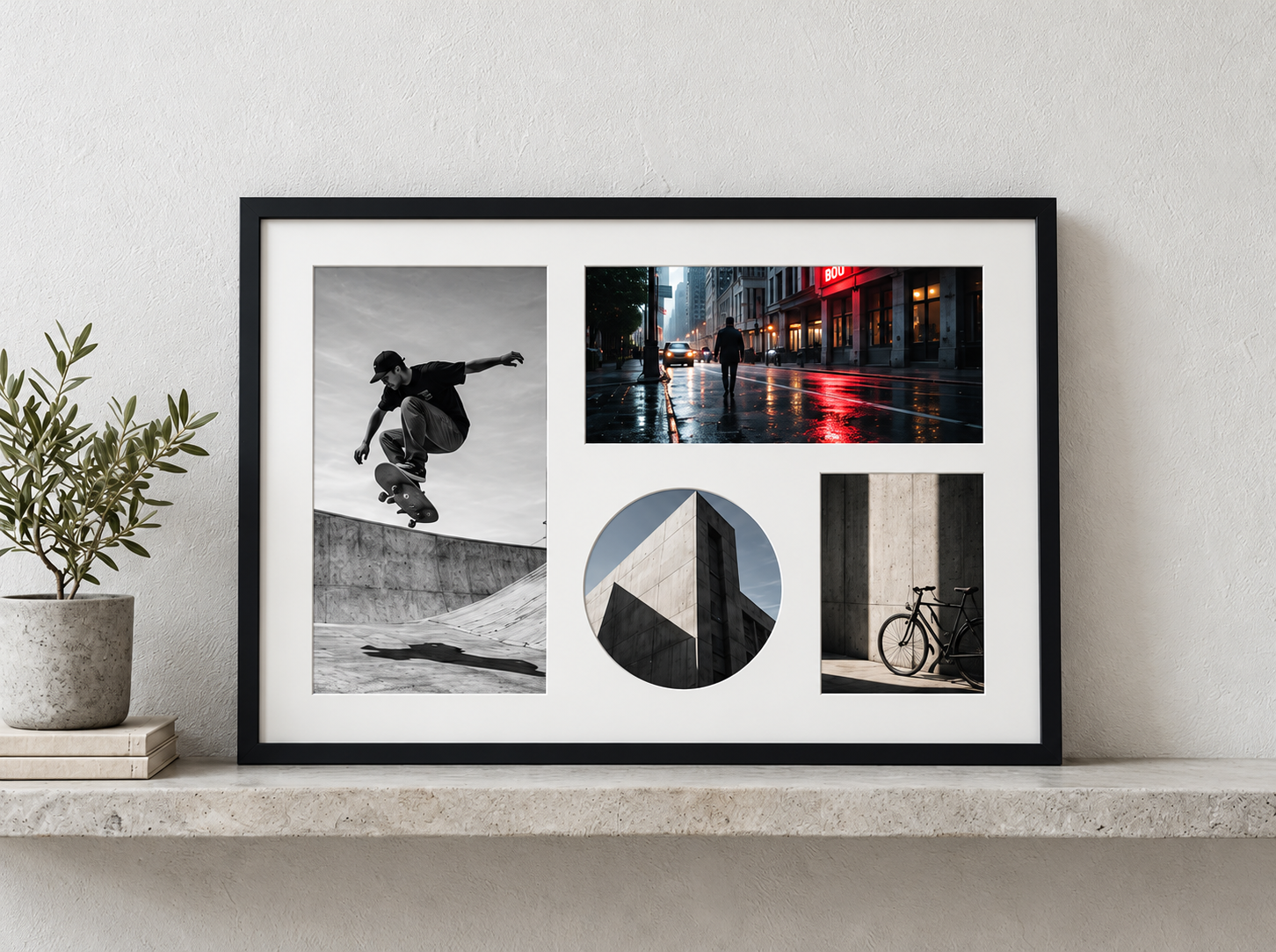 Cadre noir avec passe-partout blanc à quatre ouvertures, réunissant des photographies de skateboard, de ville, d’architecture et de vélo